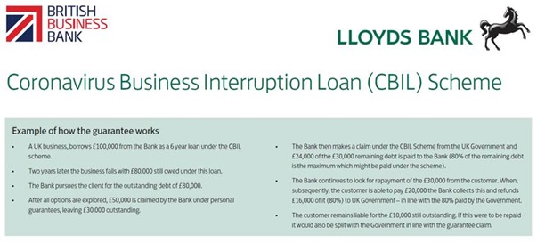 An extract from the application form to the CBIL Scheme from Lloyds, which states that the full liability would be owed by the business owner and recovered from them personally, even if the business entered insolvency proceedings.
