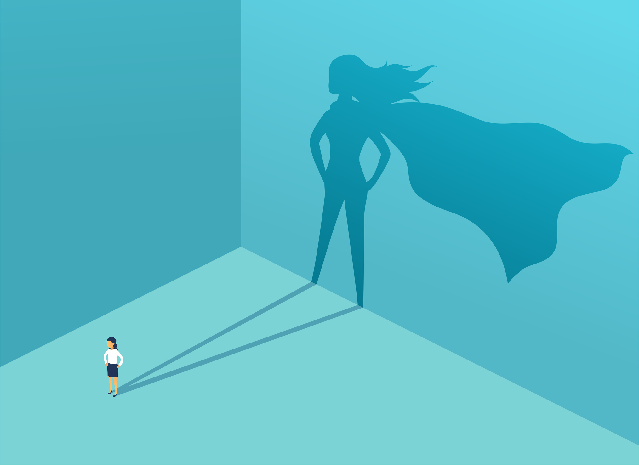 A woman illuminated with a superhero shadow