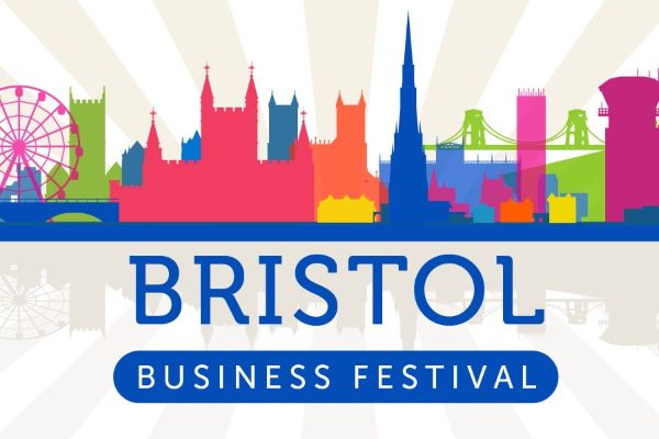 A cartoon rendering of the Bristol skyline with text reading 'Bristol Business Festival' underneath