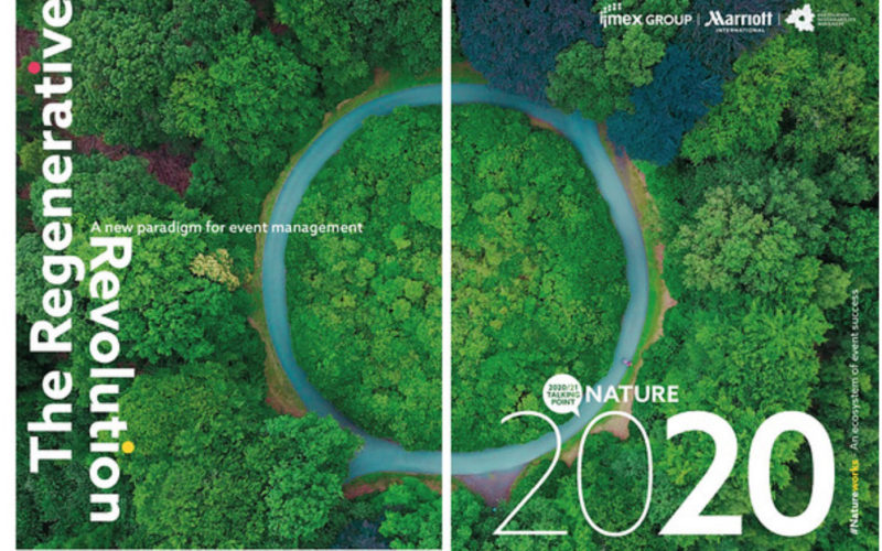 The front cover of Regenerative Revolution, A New Paradigm for Event Management, a ring of treamsurrounded by a river