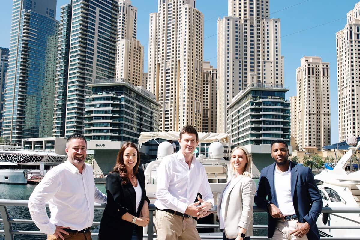 Identity team outside UAE skyline