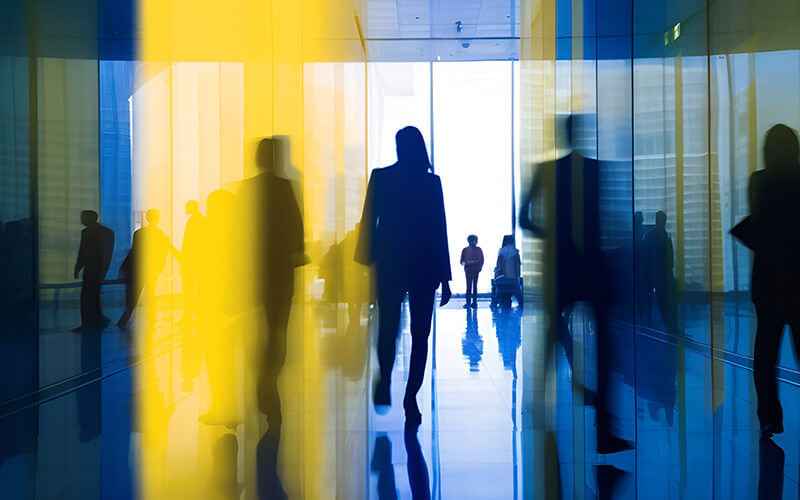 Office employees in a blue and yellow business building, their silhouettes blurred.