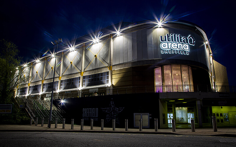 An image of the Sheffield Utilita Arena in Sheffield taken at night.