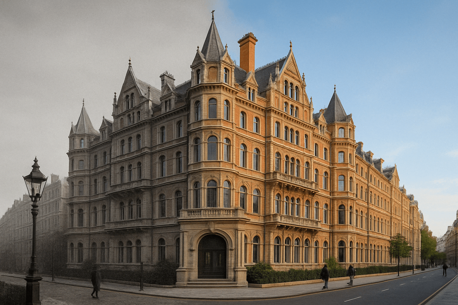 A castle/historic building, half in the past and half in present day made with chat GPT