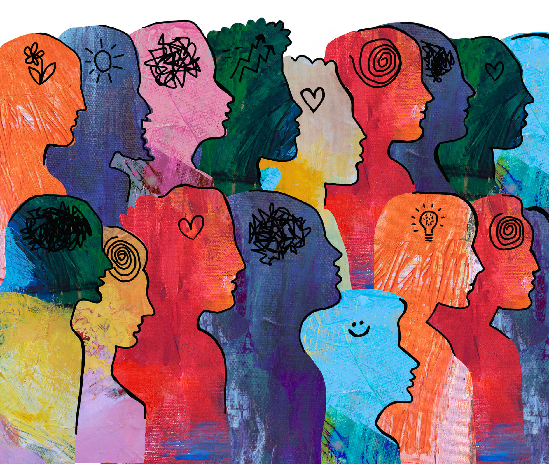 Large Group of diverse people with thoughts.