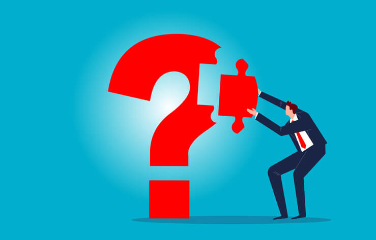 Solving problems or doubts and completing the final piece of the puzzle, the businessman completes the last piece of the puzzle of the question mark