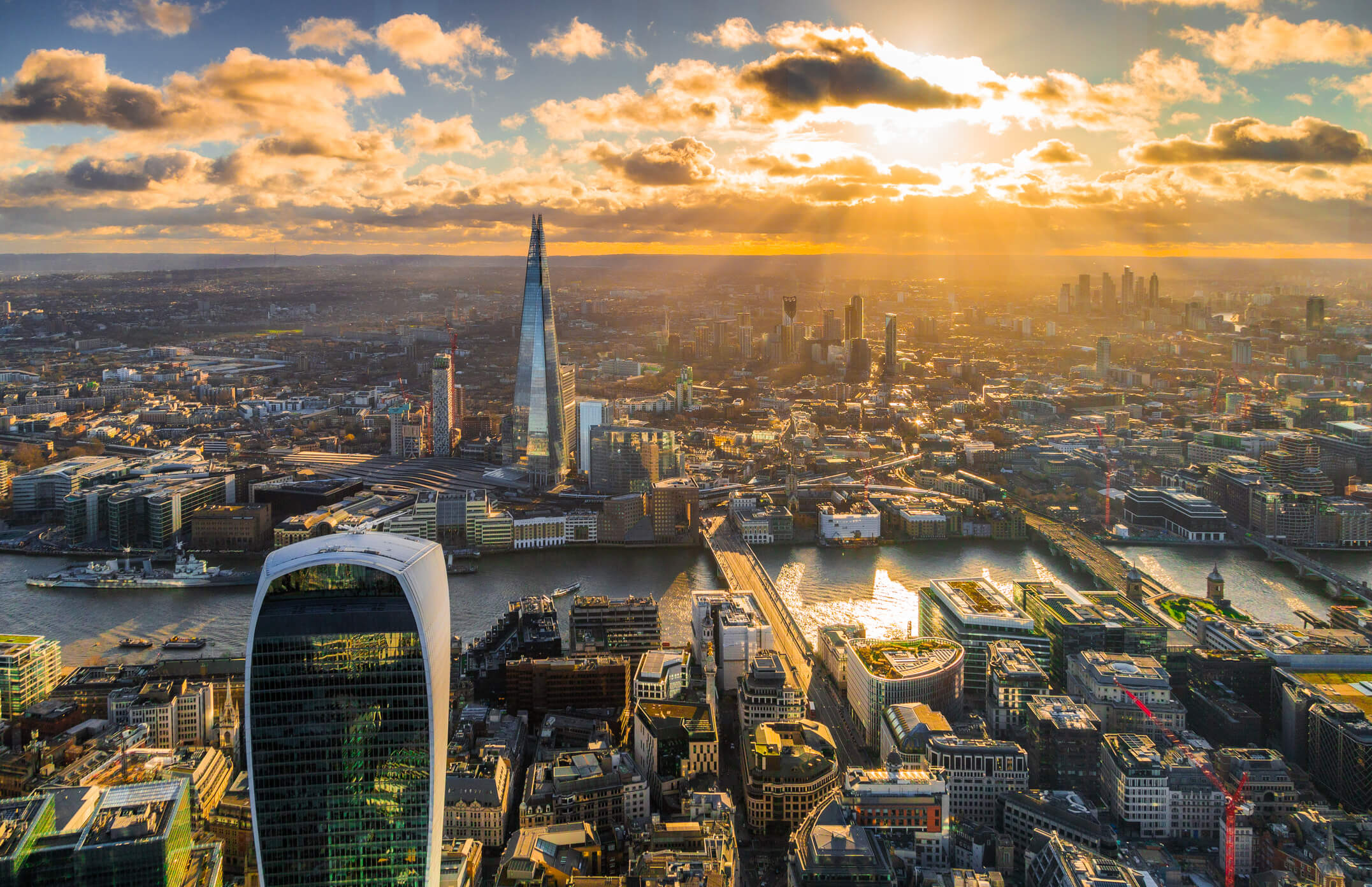 Aerial view of central London skyline at sunset