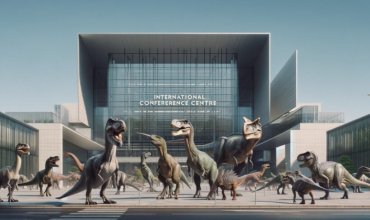 DALL·E 2023-12-04 13.59.25 - A digital photo depicting several dinosaurs of various species gathered outside a modern conference center. The scene is set during the day with clear